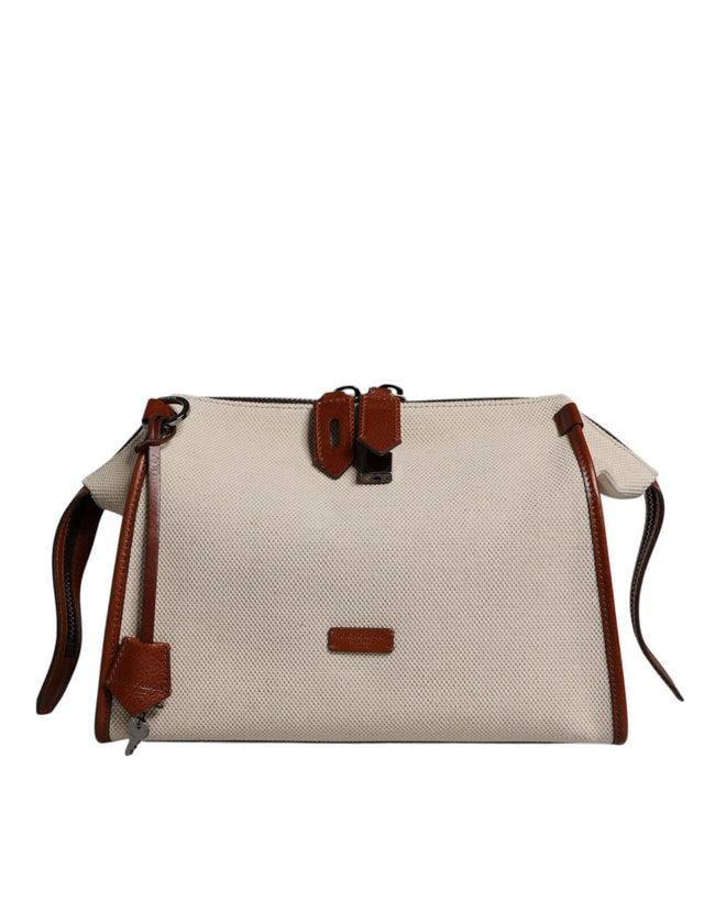 Dolce & Gabbana Beige Brown Cotton Leather Duffle Shoulder Bag