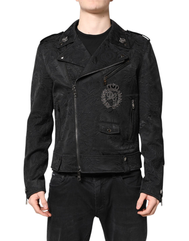 Dolce & Gabbana Black Brocade Cotton Full Zip Biker Jacket