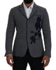 Dolce & Gabbana Elegant Gray Wool Blazer with Blue Rose Embroidery