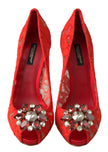 Dolce & Gabbana Chic Red Lace Heels with Crystal Embellishment