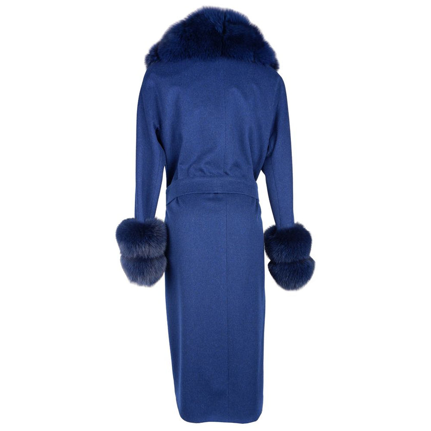 Made in Italy Blue Wool Women Coat with Fox Fur Collar and Edges