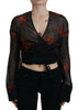 Dsquared² Black Floral Print Cropped Wrap Long Sleeves Top