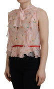 Dsquared² Pink Floral Print Silk Sleeveless Ascot Collar Top
