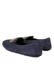 Dolce & Gabbana Blue Leather Suede Crystal Crown Loafers Shoes