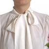 Dolce & Gabbana White Floral Silk Ascot Collared Top Blouse
