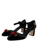 Dolce & Gabbana Black Velvet Roses Ankle Strap Pumps Shoes