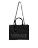 Versace Black Top Handle Canvas Leather Logo Crossbody Tote Bag