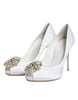 Dolce & Gabbana White Crystals Peep Toe Satin Pumps Shoes