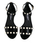 Dolce & Gabbana Black Leather Pearls Ankle Strap Sandals Shoes