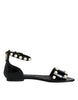 Dolce & Gabbana Black Leather Pearls Ankle Strap Sandals Shoes