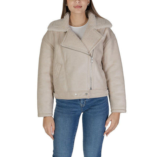 Vila Clothes Beige Artificial Leather Jackets & Coat