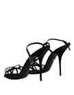 Dolce & Gabbana Black Leather Crystal Heels Sandals Shoes