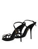 Dolce & Gabbana Black Leather Crystal Heels Sandals Shoes