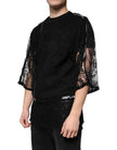 Dolce & Gabbana Black Nylon Floral Lace Crew Neck T-shirt