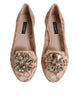 Dolce & Gabbana Beige Lace Crystal Ballet Flats Loafers Shoes