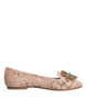 Dolce & Gabbana Beige Lace Crystal Ballet Flats Loafers Shoes