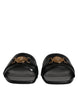 Versace Black Leather Logo Plaque Slip On Slides Flats Shoes