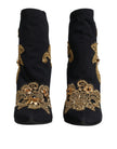 Dolce & Gabbana Black Gold Embroidery Slip On Boots Shoes