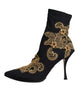 Dolce & Gabbana Black Gold Embroidery Slip On Boots Shoes