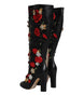 Dolce & Gabbana Black Roses Embellished Leather Heel Boots Shoes