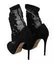 Dolce & Gabbana Black Tulle Stretch Floral Booties Shoes