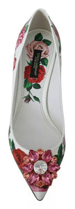 Dolce & Gabbana White Leather Roses Crystal Pumps Shoes