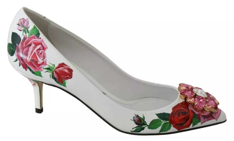 Dolce & Gabbana White Leather Roses Crystal Pumps Shoes