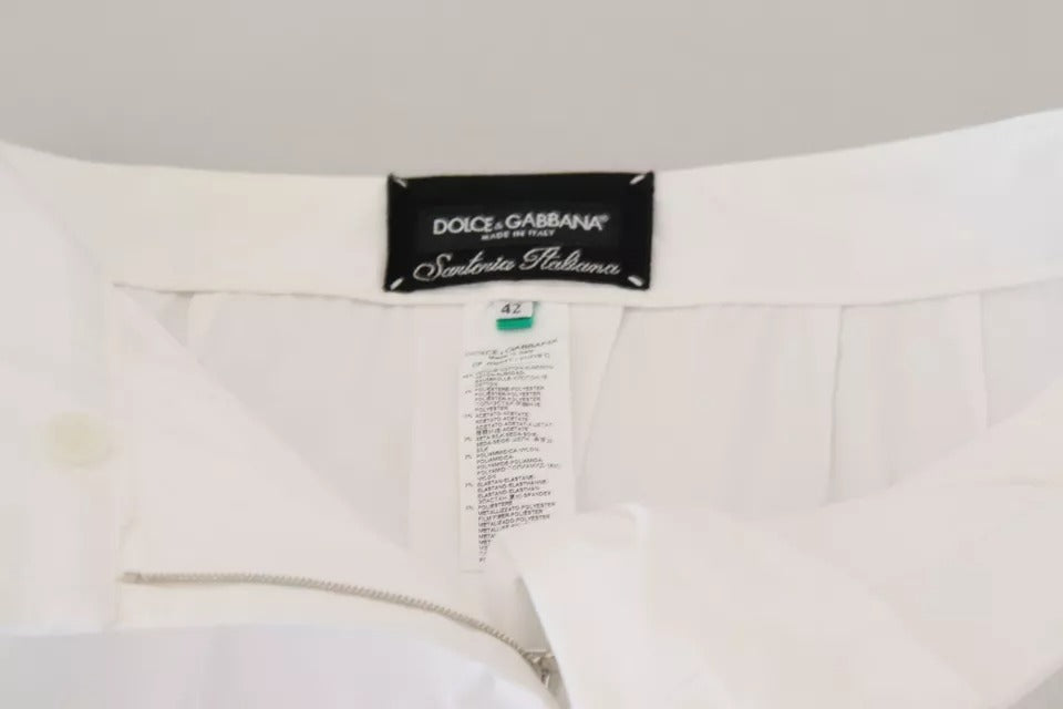 Dolce & Gabbana White Jacquard Cotton Blend Mid Waist Pants