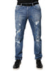 Dolce & Gabbana Blue Cotton Stretch Tattered Skinny Denim Jeans