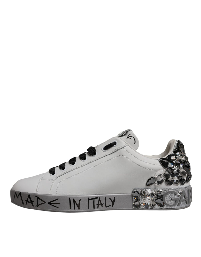 Dolce & Gabbana White Silver Crystal Logo Portofino Sneakers Shoes
