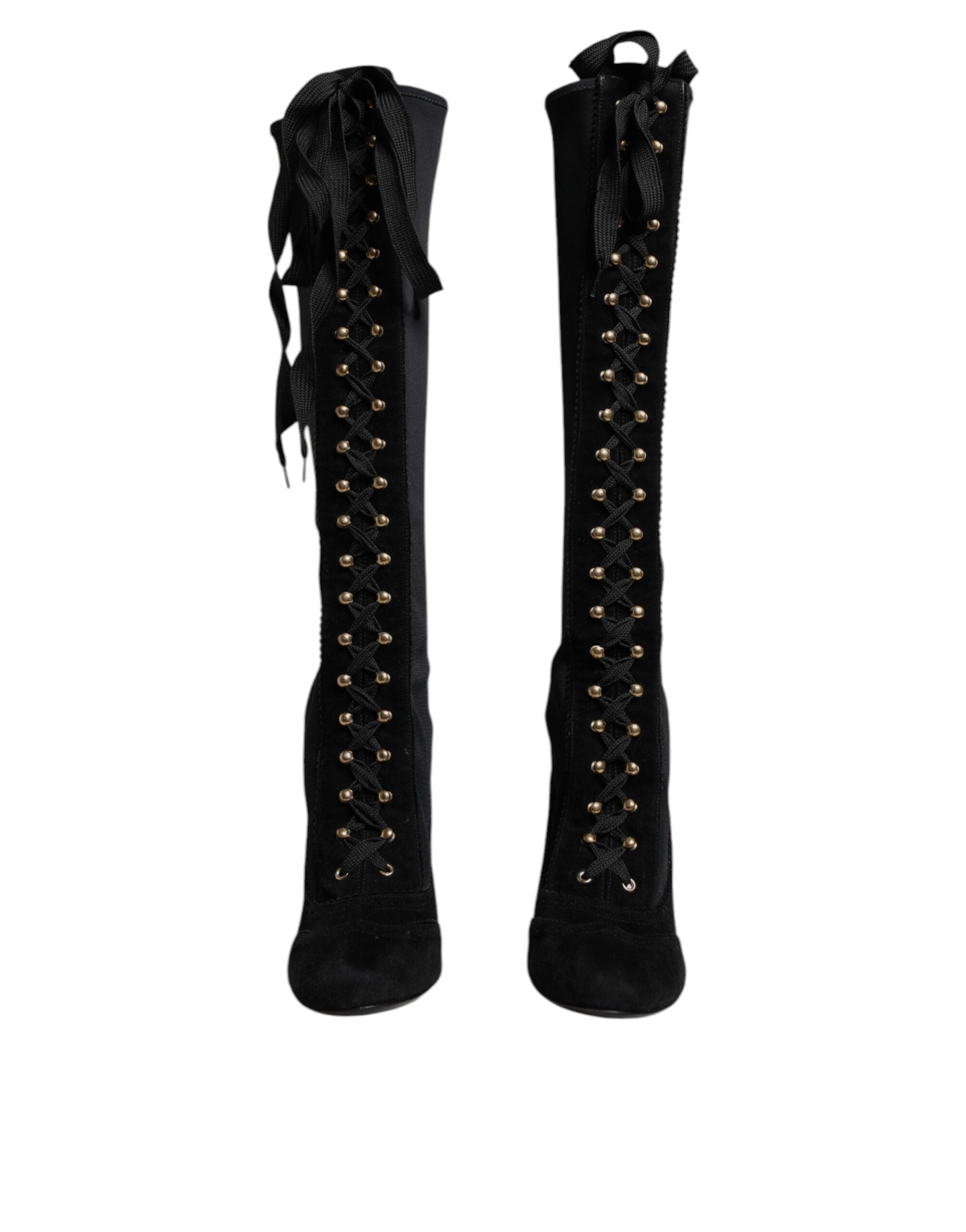 Dolce & Gabbana Black Lace Up Heels High Boots Shoes
