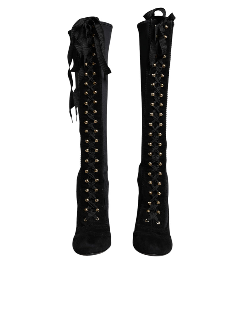 Dolce & Gabbana Black Lace Up Heels High Boots Shoes