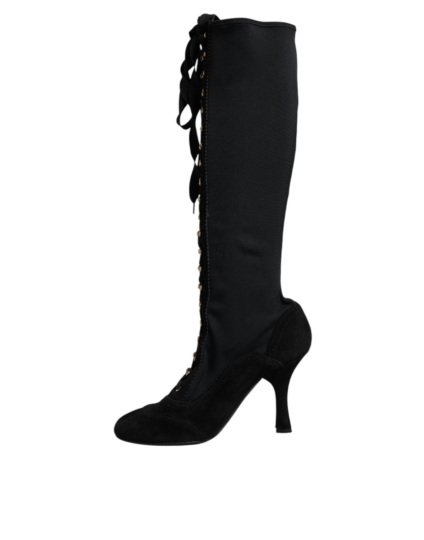 Dolce & Gabbana Black Lace Up Heels High Boots Shoes