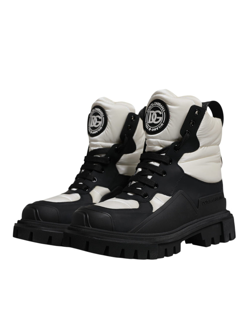 Dolce & Gabbana Black White Padded Mid Calf Lace Up Boots Shoes