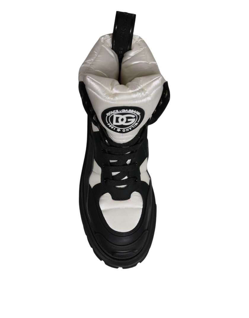 Dolce & Gabbana Black White Padded Mid Calf Lace Up Boots Shoes