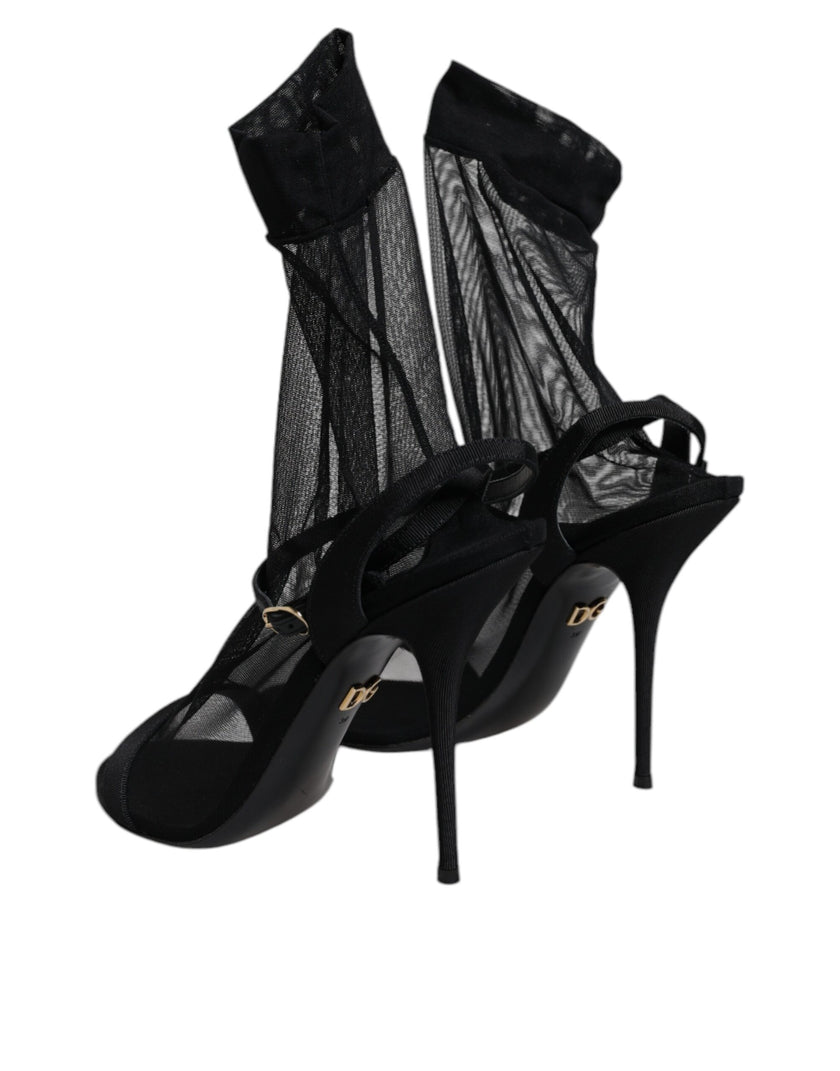 Dolce & Gabbana Black Tulle Stretch Heels Sandals Shoes