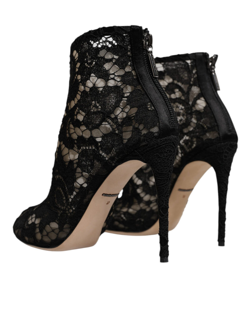Dolce & Gabbana Black Floral Lace Heels Ankle Boots Shoes