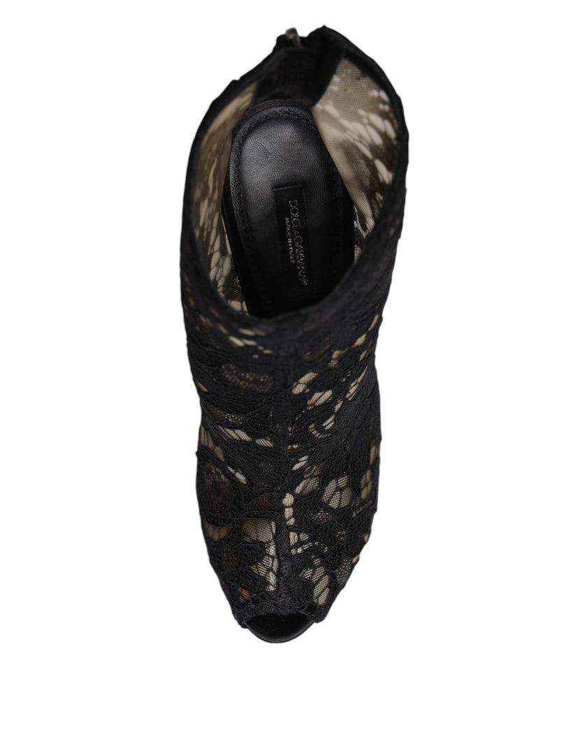 Dolce & Gabbana Black Floral Lace Heels Ankle Boots Shoes