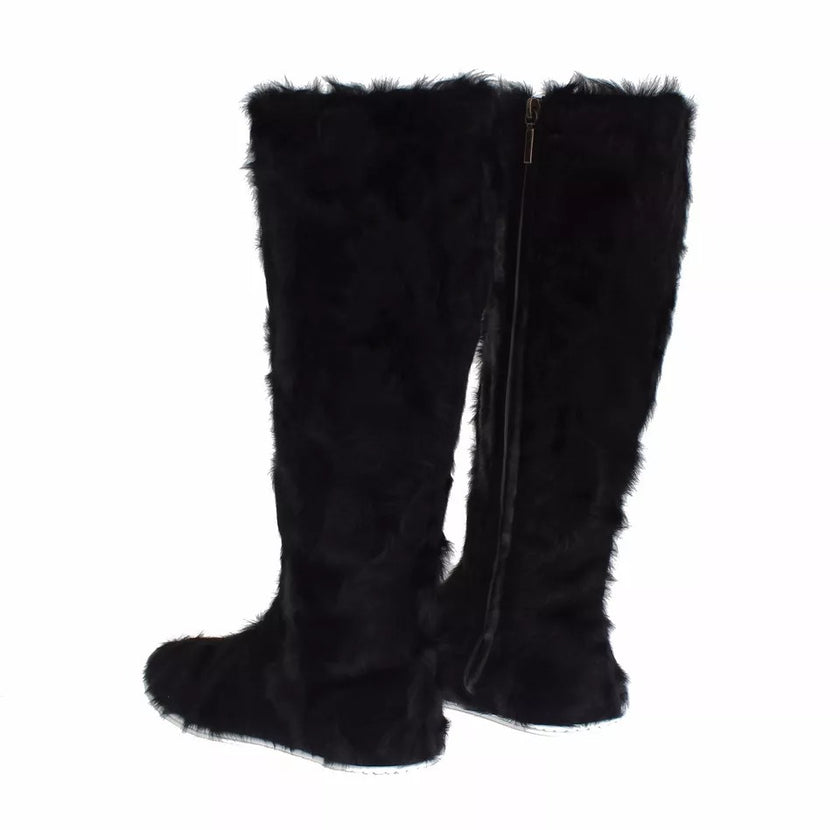 Dolce & Gabbana Black Xiangao Lamb Fur Leather Boots Shoes