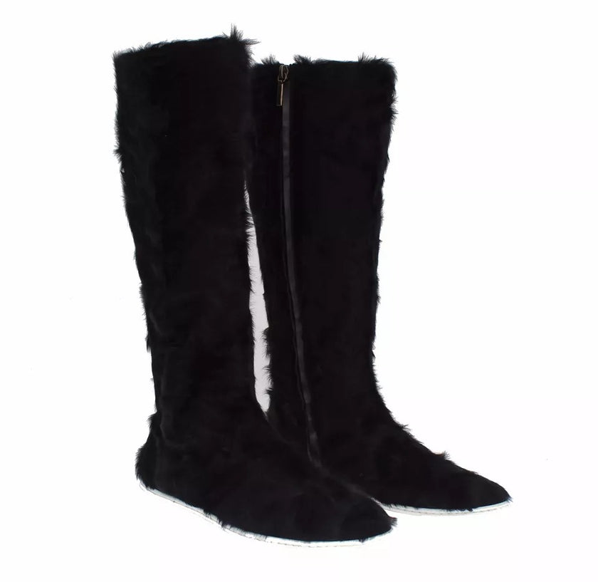 Dolce & Gabbana Black Xiangao Lamb Fur Leather Boots Shoes