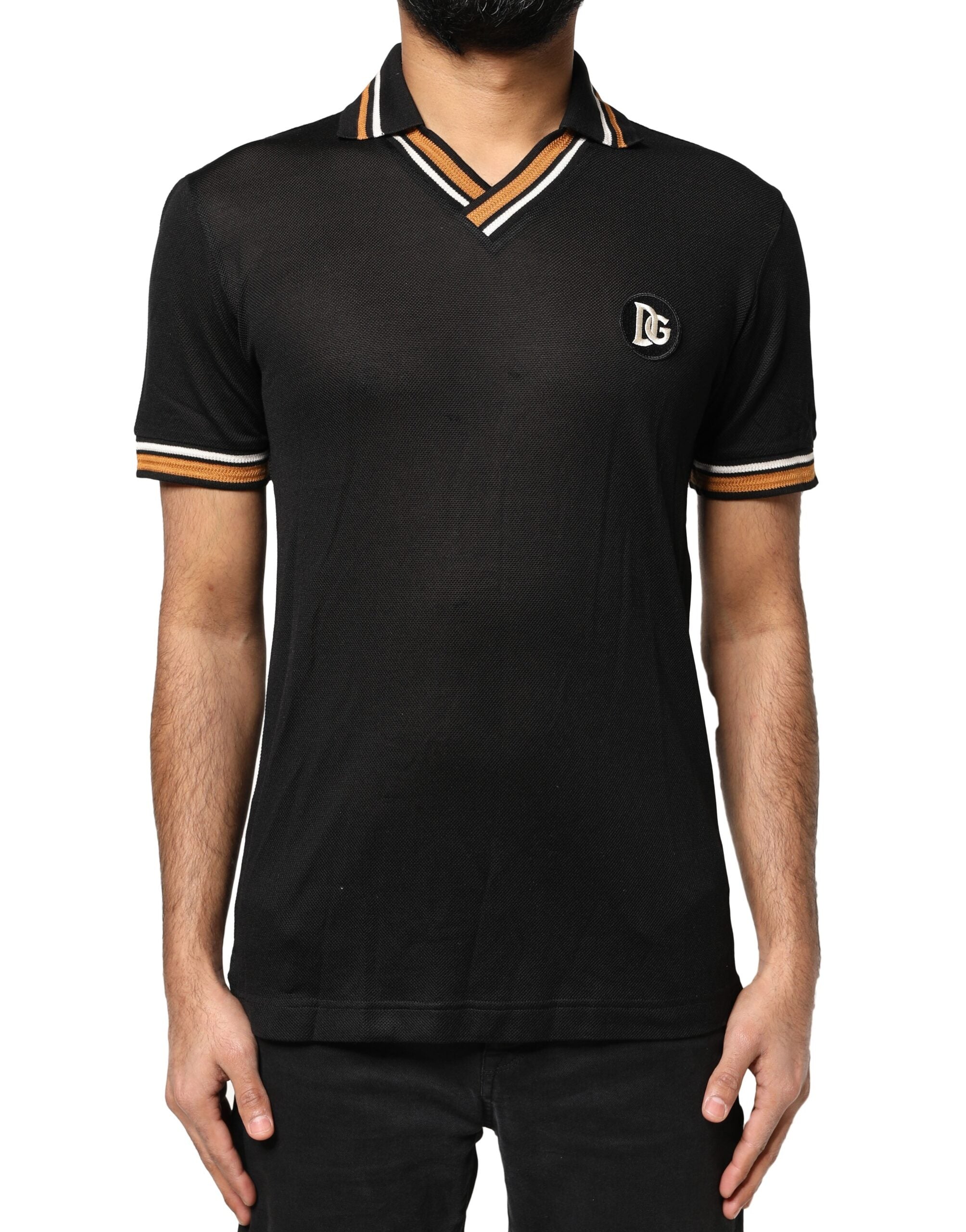 Dolce & Gabbana Black DG Silk V-neck Collared Polo T-shirt
