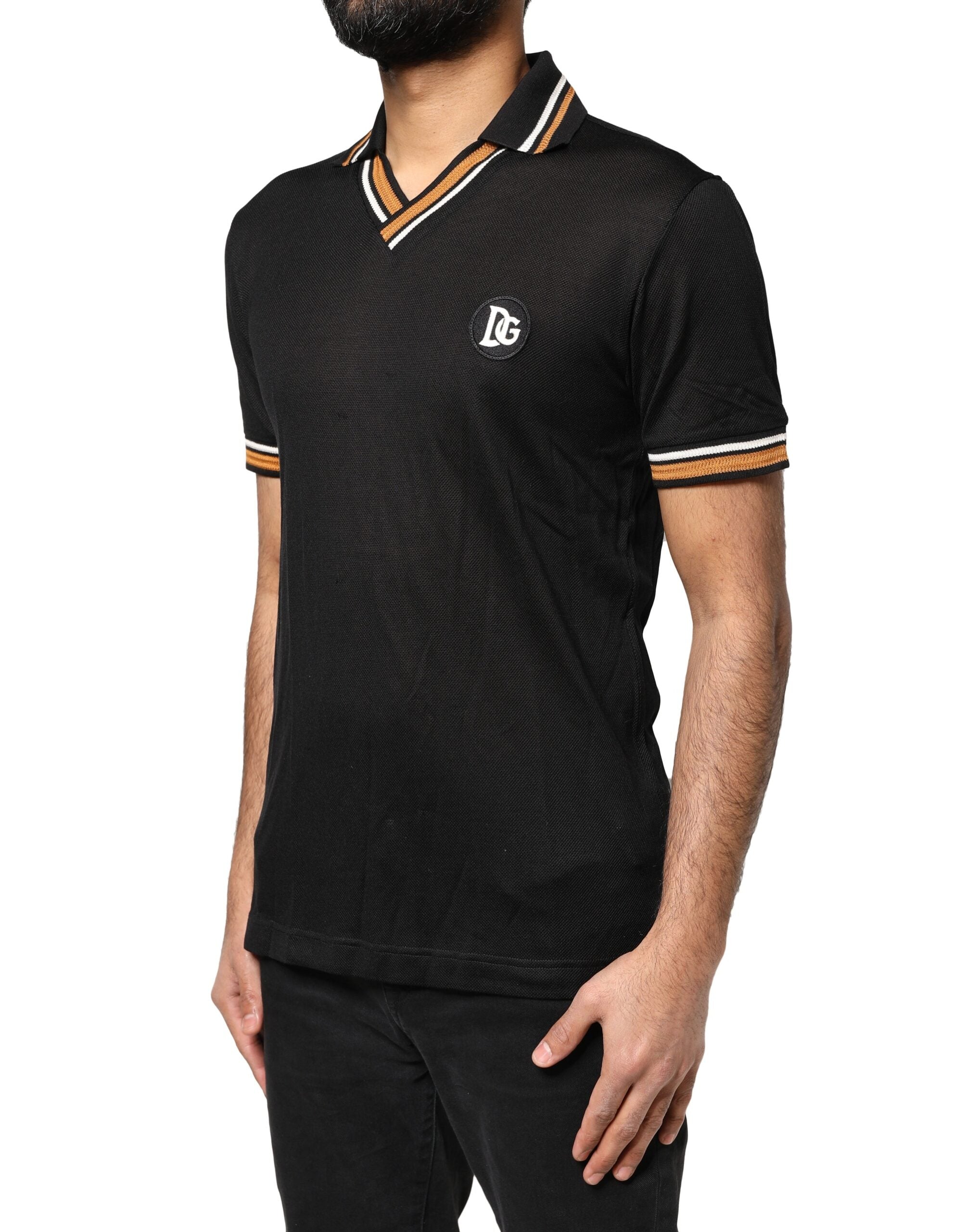 Dolce & Gabbana Black DG Silk V-neck Collared Polo T-shirt