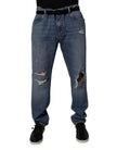 Dolce & Gabbana Blue Tattered Cotton Straight Denim Jeans