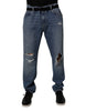 Dolce & Gabbana Blue Tattered Cotton Straight Denim Jeans