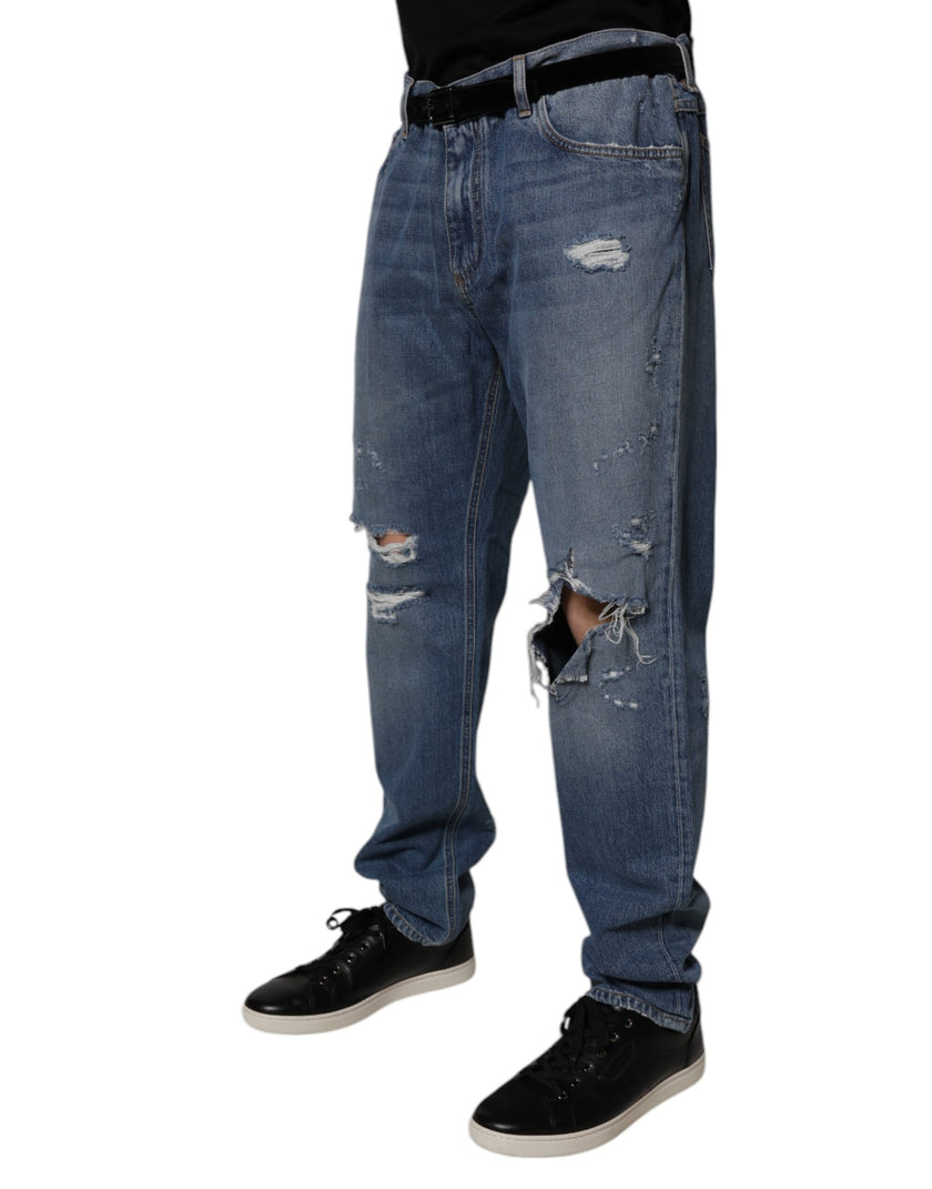 Dolce & Gabbana Blue Tattered Cotton Straight Denim Jeans