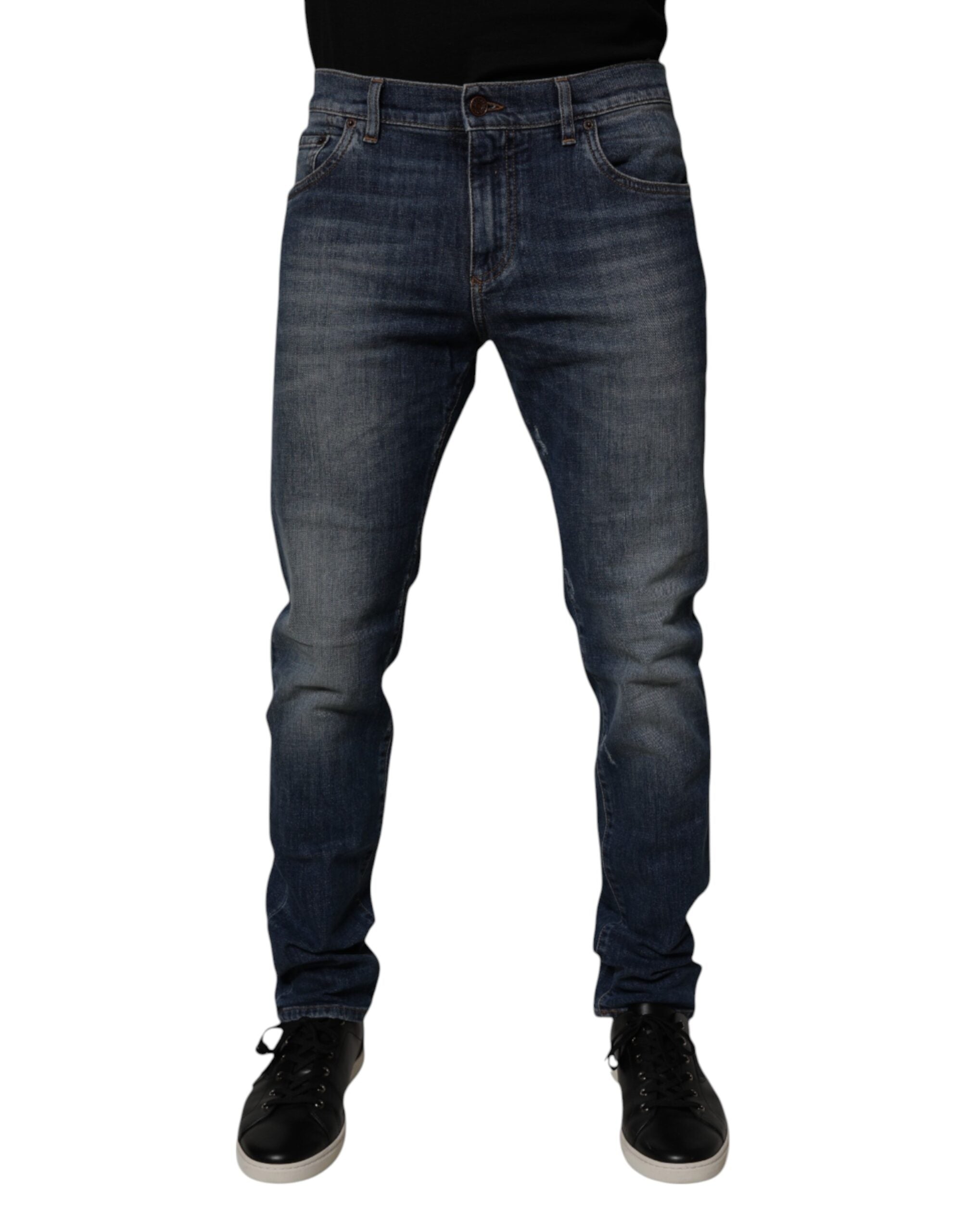 Dolce & Gabbana Dark Blue Cotton Leather Skinny Denim Jeans
