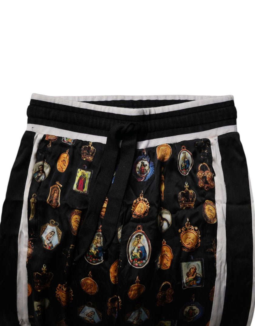 Dolce & Gabbana Black Religious Print Silk Men Jogger Pants