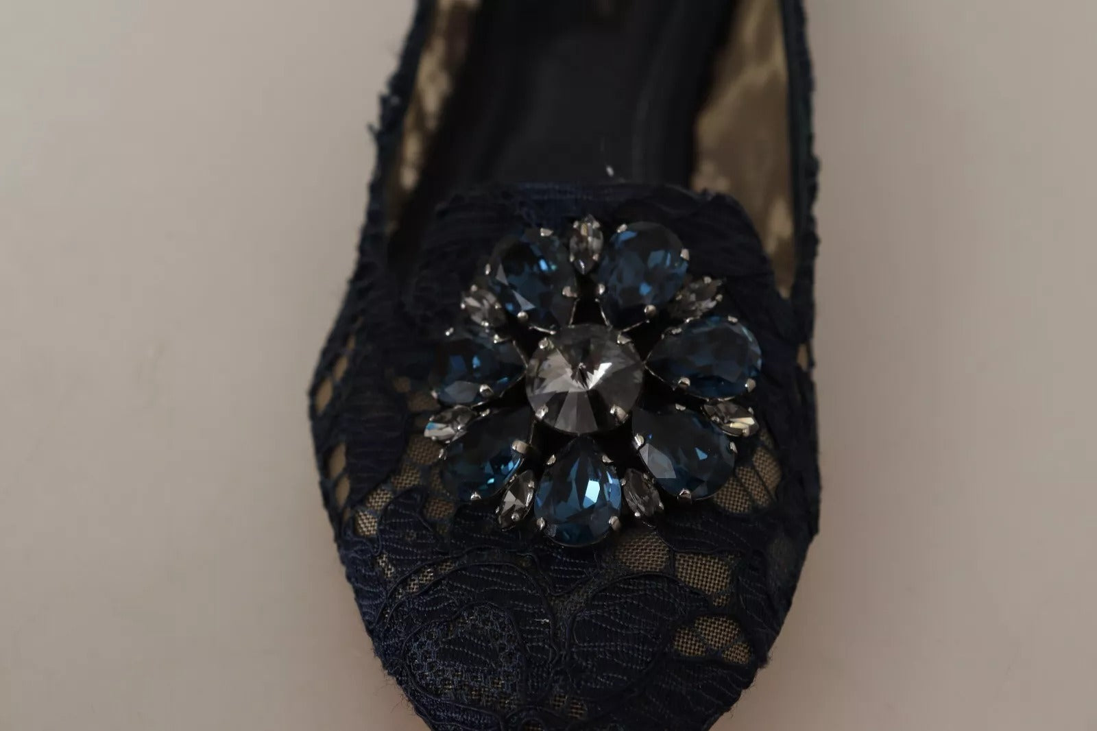 Dolce & Gabbana Blue Crystal Loafer Lace Ballet Flats Shoes