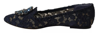 Dolce & Gabbana Blue Crystal Loafer Lace Ballet Flats Shoes