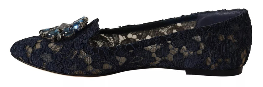 Dolce & Gabbana Blue Crystal Loafer Lace Ballet Flats Shoes